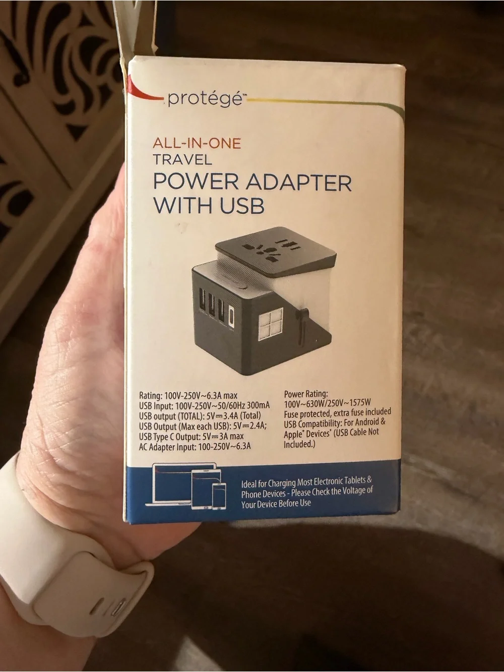 Protegé Black All‑in‑One Travel Power Adapter with USB-A and USB-C